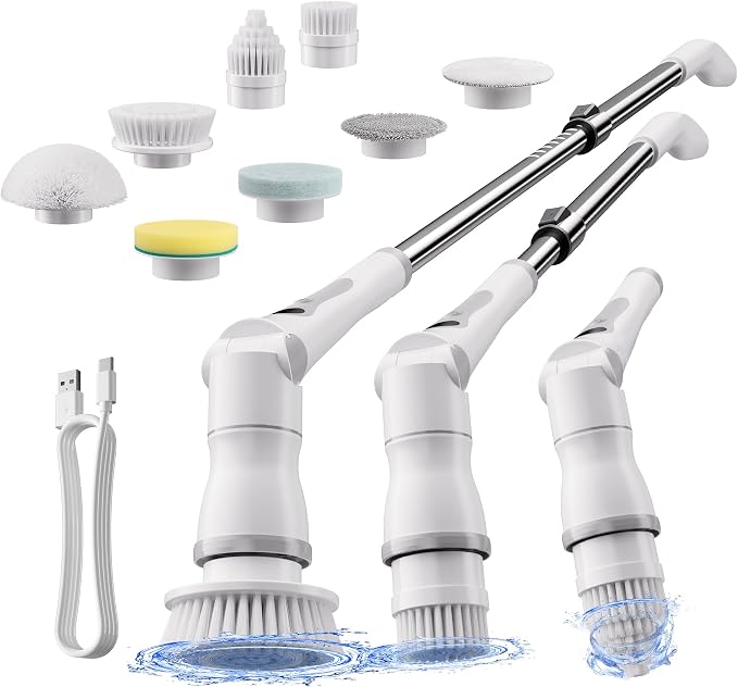 JOYMOOP Electric Spin Scrubber, 450 RPM Cordless Cleaning Brush with Power LCD Display, 9 Brush Heads Waterproof Power Scrubber with 90-Min Runtime, Adjustable Long Handle for Bathtub, Floor, Kitchen