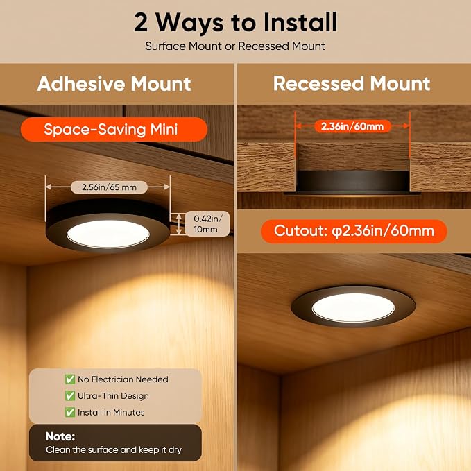VST Smart Puck Lights, 10 Pack, 3000K-6000K Dimmable Under Cabinet Lighting, Compatible with Alexa & Google Home, App & Remote Control, 12V 2W, Recessed/Surface Mount, Black for Kitchen Display Case