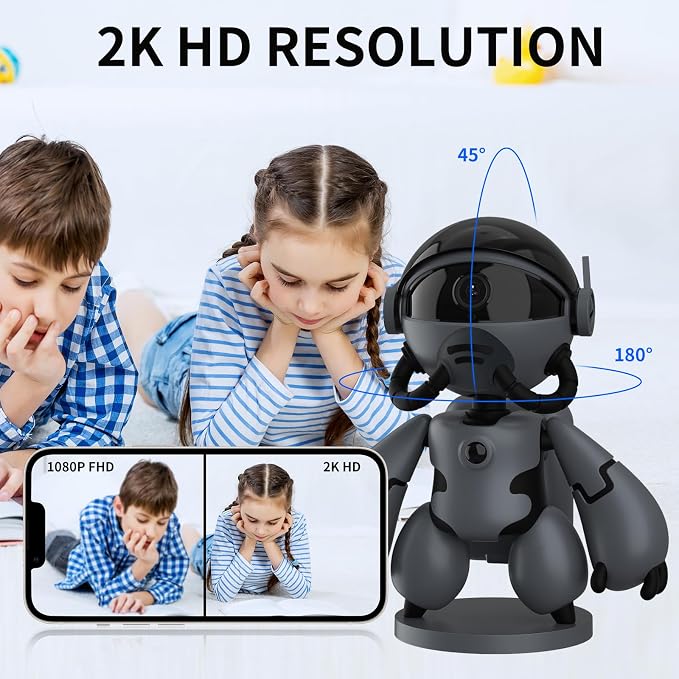 2K Indoor Robot Camera, 2.4G WiFi Robot Security Camera, Baby Pet Camera with Phone App, Long Battery Life, Two Way Audio, Night Vision, Battery Operated, PIR Motion Detection, Cloud & TF Card Storage