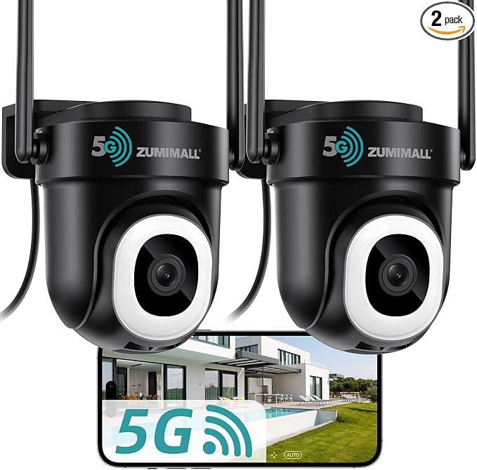 ZUMIMALL 2K Wired Outdoor Camera, 2.4G/5G WiFi Security Camera, 3MP, 24/7 Recording, AI Motion Detection, Cloud & SD Card Storage, 2-Way Audio, 360° PTZ Auto Tracking, Work with Alexa - 2-Pack, Black