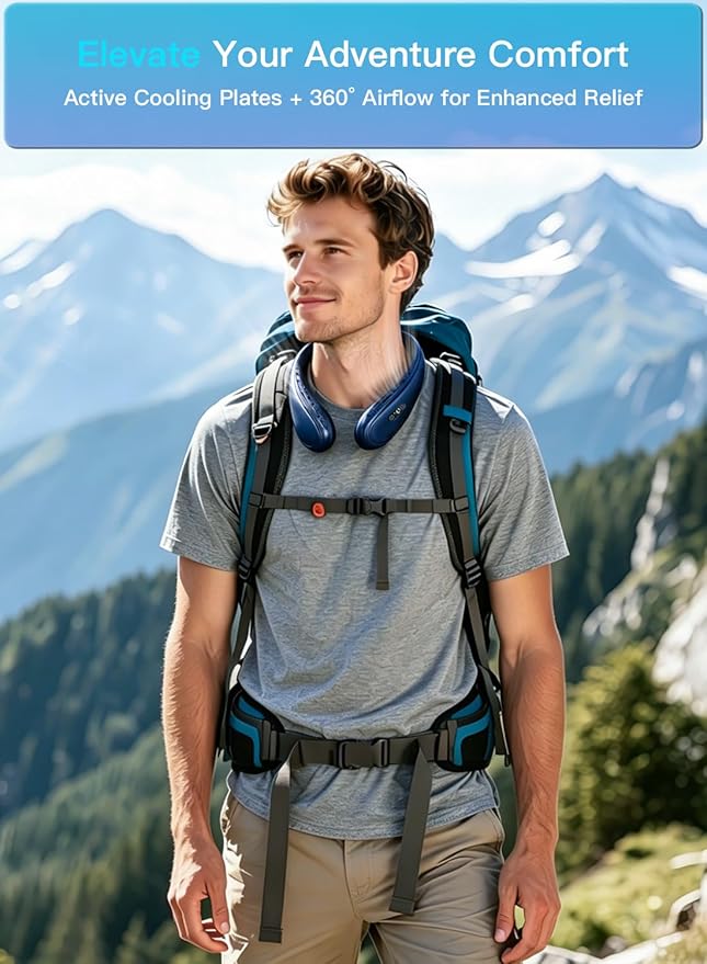 Neck Air Conditioner Portable, Neck Fan with Large Cooling Plate & NTC Control,Upward & Downward Back Airflow, 6000mAh Bladeless Wearable Fan for Outdoor, Travel, Office, Golf (Dark Blue)