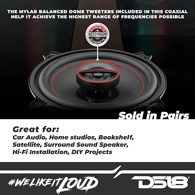 DS18 G5.25Xi GEN-X Car Audio 5.25" 2-Way Coaxial Speakers 135 Watts Max 4-Ohm - 5.25 inches Full Range Speakers with Dome Tweeters - Grill Included - 2 Speakers