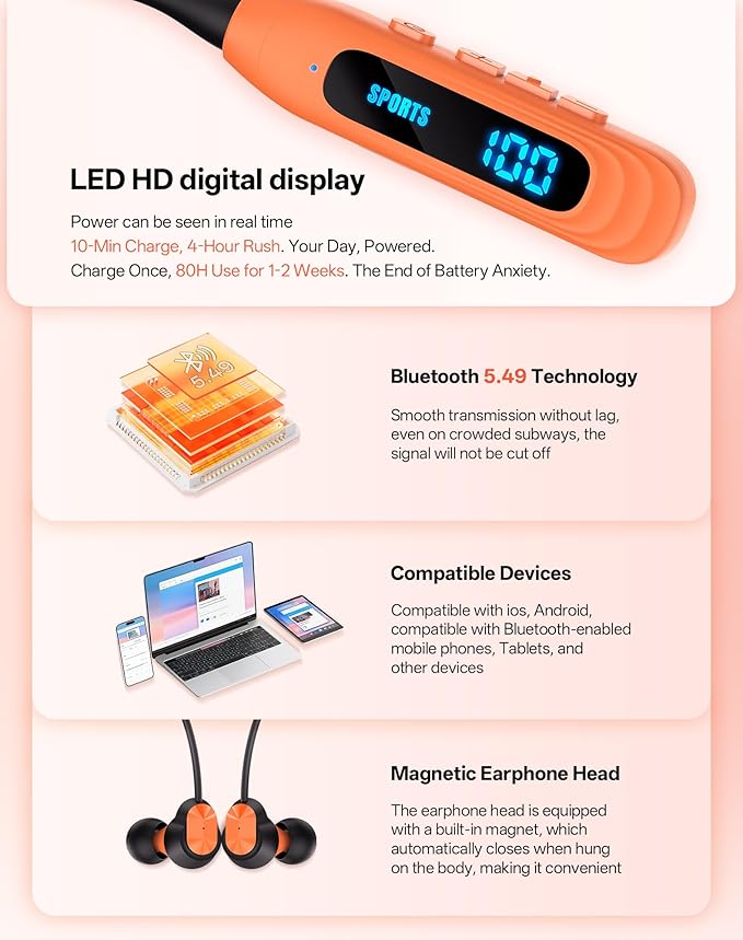 JL&MI Neckband Bluetooth Headphones, Wireless Sport Earphones with 80-Hour Battery and LED Display, Bluetooth 5.4 Magnetic Earbuds, Comfort Fit for Running, Gym, Travel (Orange)