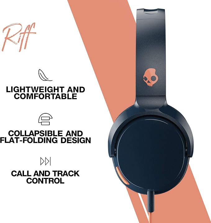 Skullcandy Riff On-Ear Wired Headphones, Convenient for Travel with 3.5mm AUX Plug, Built-in Microphone, Foldable Lightweight Comfortable Design, Durable Headband, Reliable Simplicity - Blue/Sunset