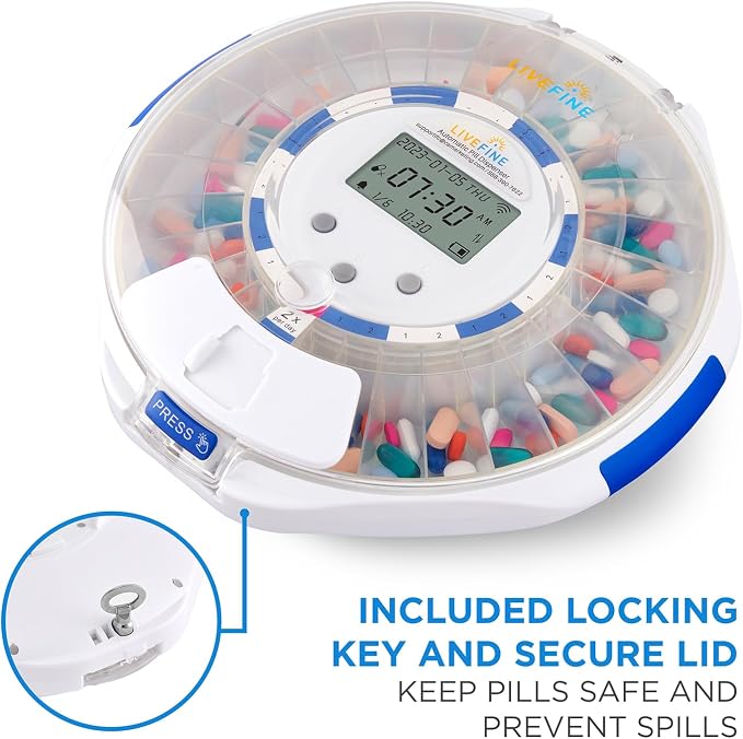 Live Fine Smart WiFi Automatic Pill Dispenser Clear Lid | 28-Day Medication Organizer Up to 9 Doses Per Day for Care Monitoring with Lock Key, Light/Sound Alarms for Prescriptions & Vitamins
