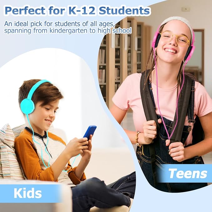 2 Pack Kids Headphones for School Classroom K-12, Swivel Foldable, HD Stereo, 3.5mm Jack Wired Headphone for Kids Children Student (Blue+Pink)