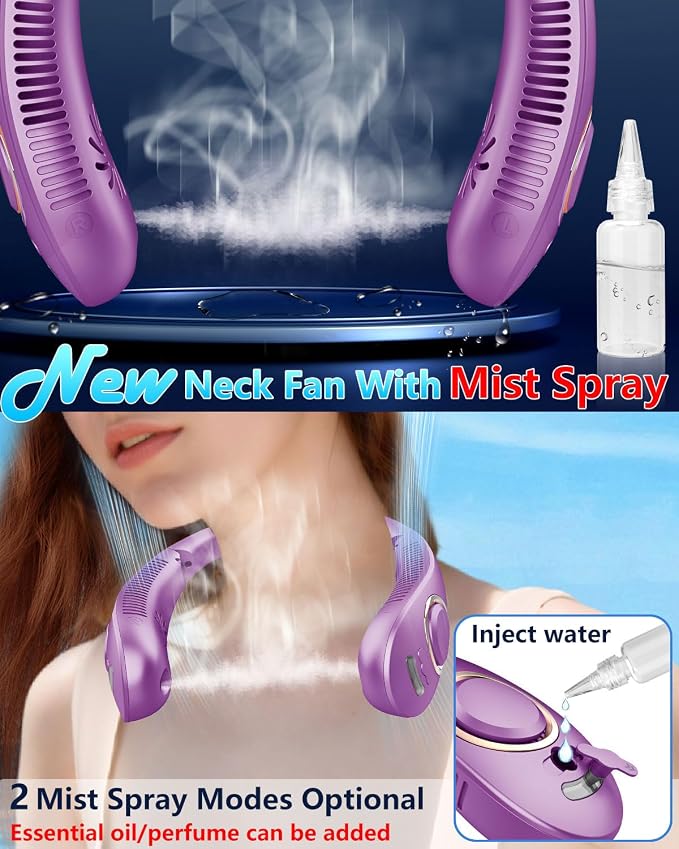 Portable Misting Neck Fans with Water Spray, Rechargeable Long Battery Life, Powerful Air Cooler with LED Display, Personal Compact Wearable Necklace Fan for Kids Adults Elderly Hot Weather, Purple