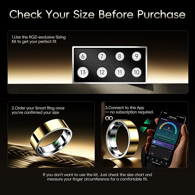 RQZ Smart Ring Fitness Tracker for Men Women, Sleep & Heart Rate Monitor, Step Counter with Vibration Alert, 5 ATM Waterproof, Compatible with iOS & Android Gold Size 12