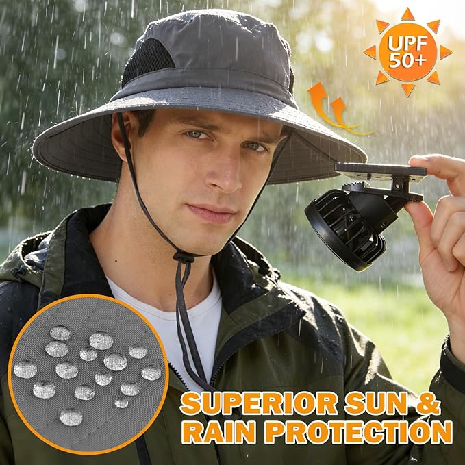 Wide Brim Sun Bucket Hat with 2 Solar Powered Fan for Men & Women | Waterproof & UPF 50+ Sun Protection Hat with Dual-Power Clip-On Cooling Fans for Outdoor Hiking Fishing Gardening