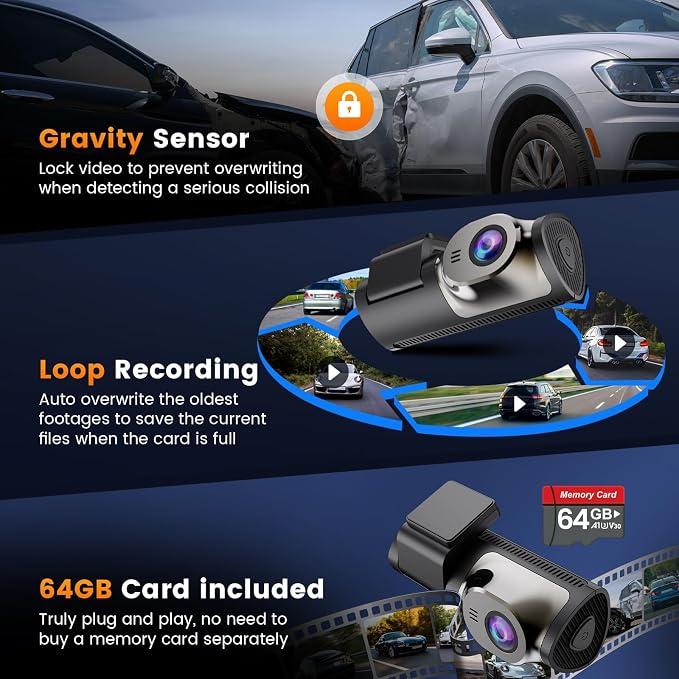 4K+1080P Dash Cam Front and Rear,64GB Card Included,5.8GHz WiFi Dash Camera for Cars,App up to 20MB/s Fastest Download,G-Sensor,Night Vision,24h Parking Monitoring,Loop Recording,170° Wide Angle