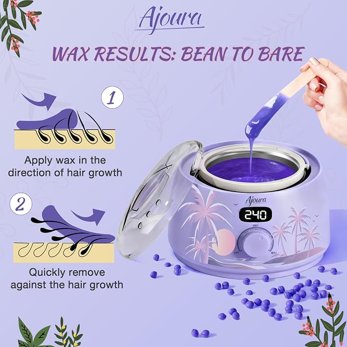 Ajoura 1lb Refill Wax Beans + Hard Wax Warmer for Brazilian & Bikini, Digital Hair Removal Kit with See-Through Lid
