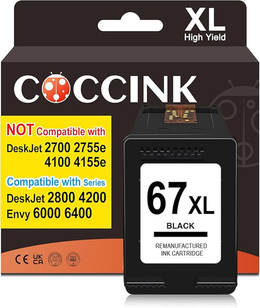 COCCINK 67 XL for HP 67XL Black Ink Cartridge Deskjet 2842e 2852e 2800e 2855e 2827e 4200e 4252e 4255e 4227e Envy 6000 6400 Printer Remanufactured for 67XL HP Printer Ink for HP Ink 67 Black