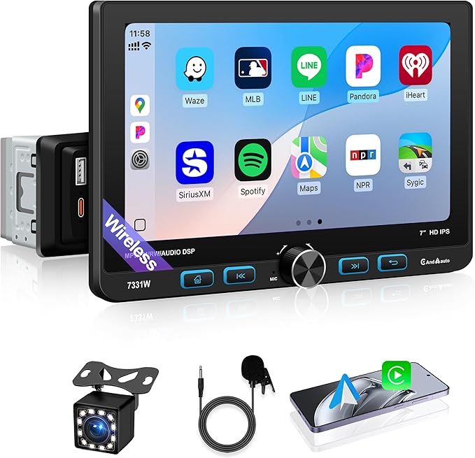 7 Inch Single Din Car Stereo Wireless Apple CarPlay & Android Auto, Detachable Rotatable HD Touchscreen Radio with Bluetooth 5.2, FM AM RDS, USB Type-C, MP5 Player, Backup Camera Input, 4×25W