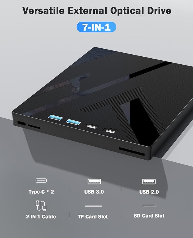 Wbacon 7 in 1 External CD/DVD Drive for Laptop, Portable DVD Player for Laptop with SD/TF Port, External DVD Drive with USB 3.0/Type C, CD Drive USB for PC Windows Linux