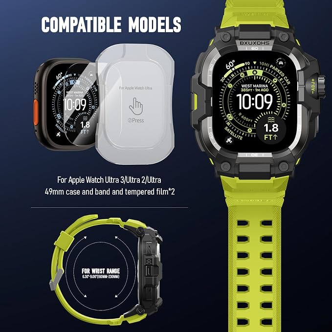BXUXOHS Rugged Case and Band for Apple Watch Ultra 3/2/1 49mm Men, Military Grade Shockproof Bumper Cover, with 2 Pack Screen Protector, Tactical Band Case for iWatch Ultra 3 2 1 Man, Green