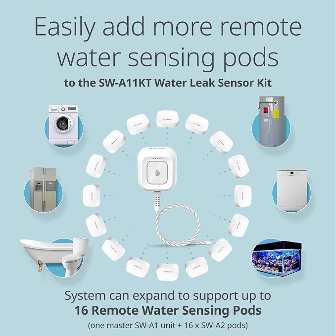 D-Link Add-on Remote Battery-Powered Water Leak Sensing Pod, Long-Range, Compatible Only with SW-A11KT 2-Pack (SW-A2/2)