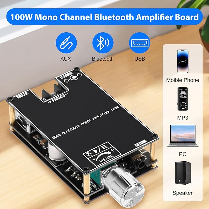 Daakro 2PCS ZK-1001B Bluetooth Amplifier Board,100W Mono Channel Amp Board with TWS Pairing Function,DC 7-24V, Bluetooth/USB/AUX Input, Audio Amp Board for Home DIY Wireless Speakers, Password Free