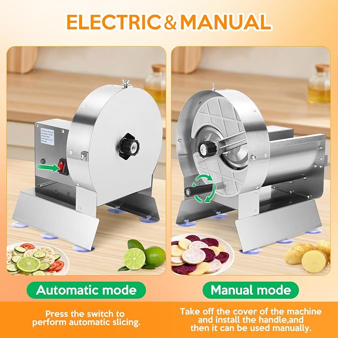 Commercial Vegetable Slicer Commercial Fruit Cutter Electric＆Manual 0-10MM Adjustable Thickness Stainless Steel 0-0.39’’ for Lemons, Cabbage, Potatoes, Apples