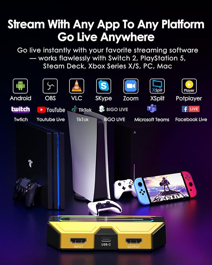 BlueAVS HDMI Video Capture Card for Game Streaming, 4K 60Hz HDR VRR ALLM Passthrough, 1080P 240Hz, USB-C External Capture Card for PS5, Xbox Series X/S, Switch, Compatible with PC Mac, OBS Streamlabs