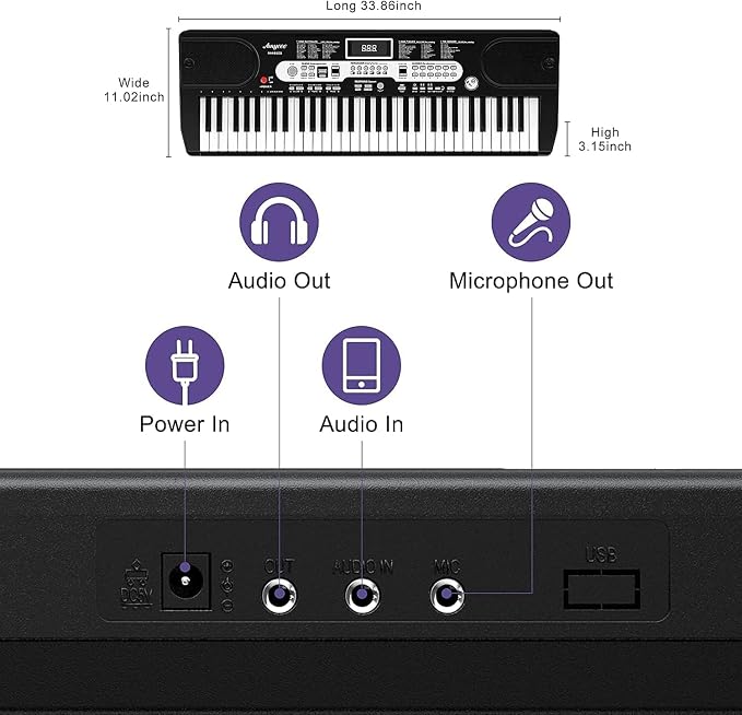 61 Keys Piano Keyboard Compact Folding Portable Digital Piano Set for Beginners with Microphone, Headphones, Black and White