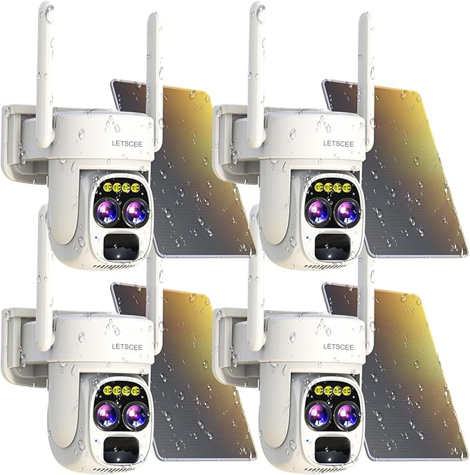 LETSCEE Security Cameras Wirelss Outdoor Solar Powered for Home Security, 360 View Outside Camera,Motion Detection,10x Hybrid Zoom PAN Tile,IP-65 Weather Proof (4 Pack)
