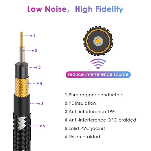 Guitar Cable 20FT Instrument Cord for Electric Bass Keyboard - 1/4 Inch Right Angle AMP Cable - Black White