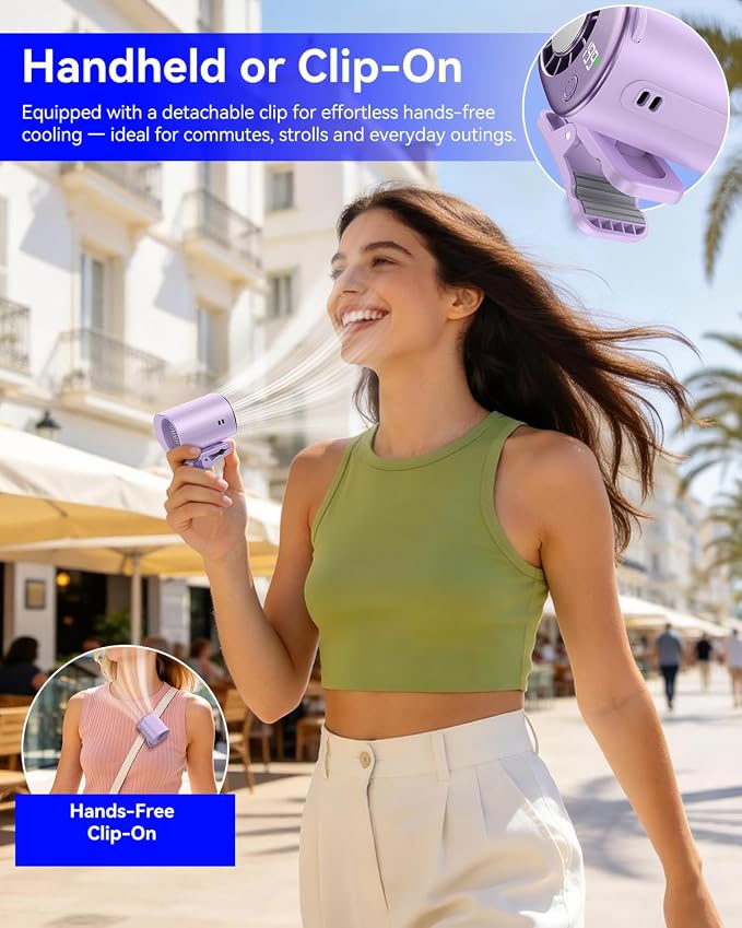 Clip-On Portable Fan with Ice Cooling, 20000 RPM Rechargeable Handheld Turbo Fan, 360° Rotating Detachable Clip, Mini Stroller Fan for Baby, Compact Travel Essentials, Summer Gifts for Women,Purple