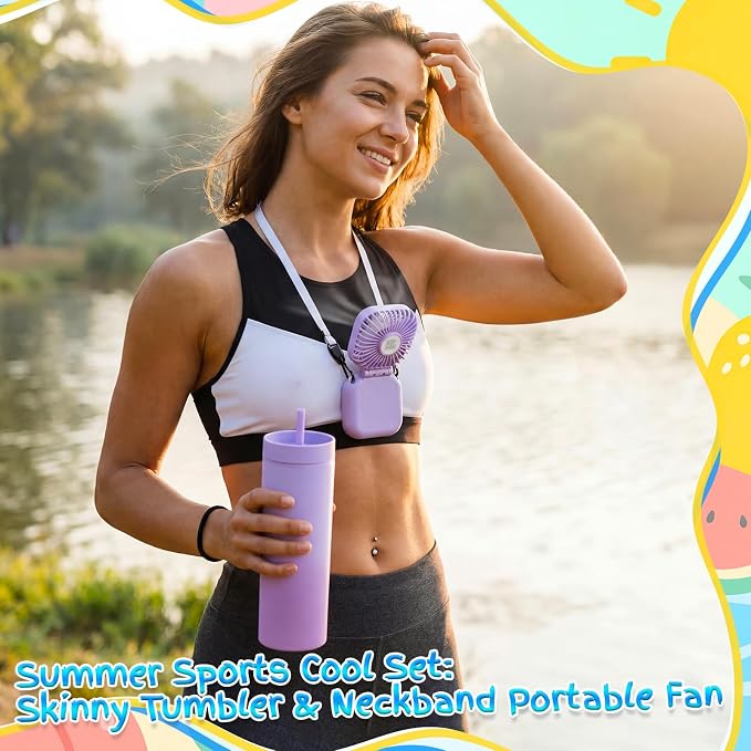 Reallnaive 12 Pcs Skinny Tumbler Bulk and Mini Portable Fans Set for Summer, 16 oz Plastic Cups with Lids Straws and Small USB Rechargeable Handheld Fan for Cooling Gift (Purple)