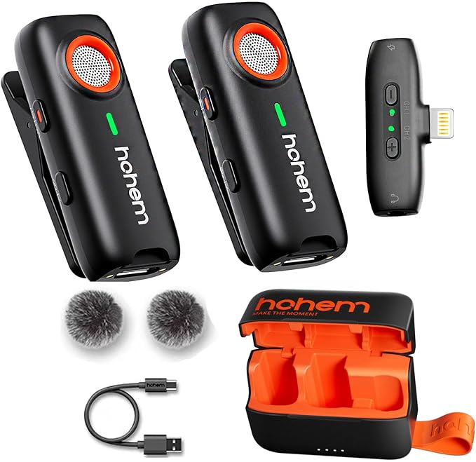 hohem MIC-01 Wireless Lavalier Lapel Microphone for iPhone iOS, with Noise Cancellation,MFi Certified,Remote Contro,Built-in Storage,20H Battery Life, Wireless Microphone for Live Stream (2TX+1RX)