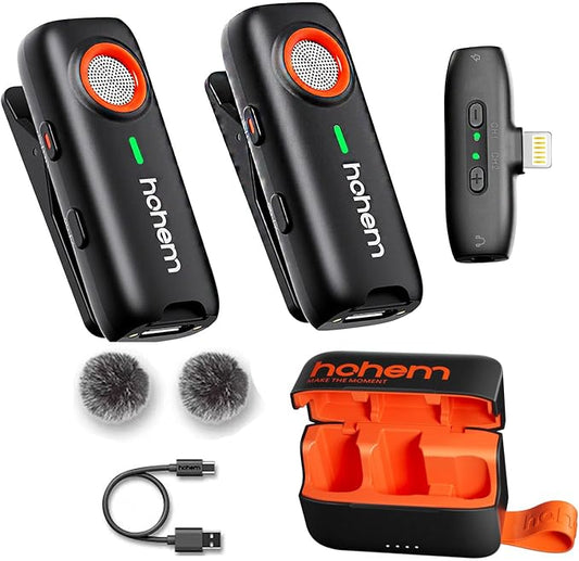 hohem MIC-01 Wireless Lavalier Lapel Microphone for iPhone iOS, with Noise Cancellation,MFi Certified,Remote Contro,Built-in Storage,20H Battery Life, Wireless Microphone for Live Stream (2TX+1RX)