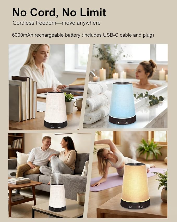 Marchred 150ml Cordless Fabric Essential Oil Diffuser with Guided Breathing Light, Battery Rechargeable Aromatherapy Diffuser with 7-Color LED & Warm Night Light for Relaxation & Meditation