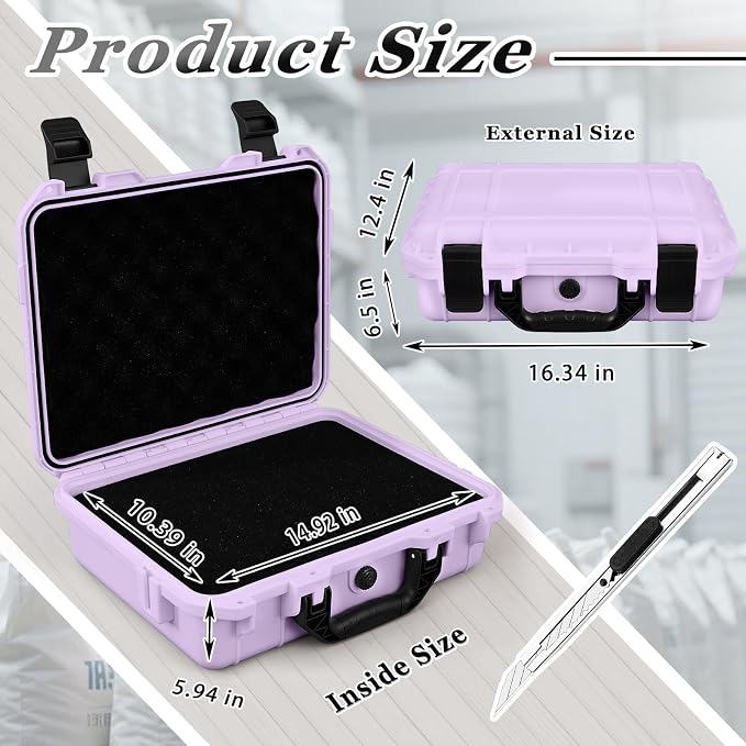 Relaxweex 1 Pcs Waterproof Hard Case with DIY Customizable Foam Insert Portable Protective Case with Knife for Camera Drones Equipments Tools Test Instruments(Purple,16.3 x 12.4 x 6.5 Inch)