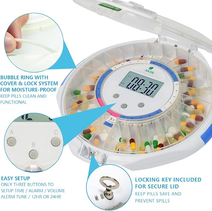 JULOS 28-Day Automatic Pill Dispenser with Alarm for Chronic & Alzheimer’s Care, Locked Medication Organizer w/Easy-Read LCD Display, Sound & Light & Alerts for Medication, Vitamins & More, Clear Lid