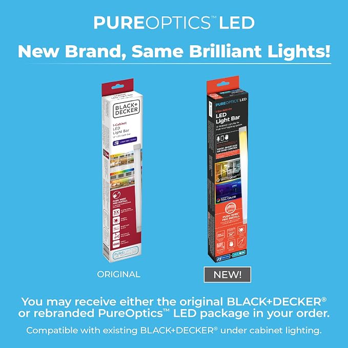 PureOptics LED Professional Push Wire Under Cabinet Light Bar, Add-on, Plug-in or Hardwire Compatible, Adjustable White and RGB LED, for Kitchen, Pantry, Cabinets, (1) 12" Bar