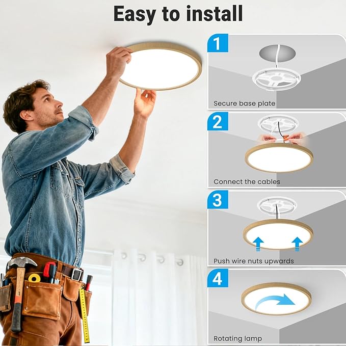 2 Pack LED Flush Mount Ceiling Light,12Inch 24W,3000K/3500K/4000K/5000K/6500K 5 Color Temperatures Ceiling Light Fixture for Kitchen Porch Hallway Bedroom Bathroom and Closet,Wood