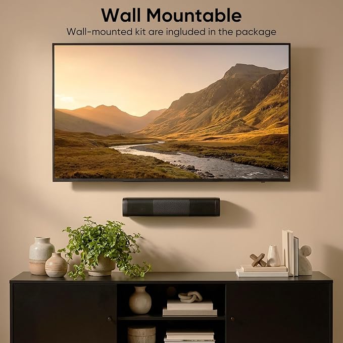 Saiyin Sound Bar for Smart TV, 11.7-inch Soundbar with Bluetooth 5.3/Optical/Auxiliary Inputs, Small Size & Big Power, 48W Peak Power Compact Sound Bar for TV, PC, Gaming, Powered by an AC Adapter