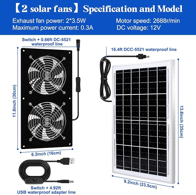 HNRLOY Solar Exhaust Fans & Powered Fan with 15W Panel & 2-Pack High-Speed Brushless DC Fans,Solar Ventilation Fan for Greenhouses, Chicken Coops, Attics, Barns, Sheds & Dog Houses