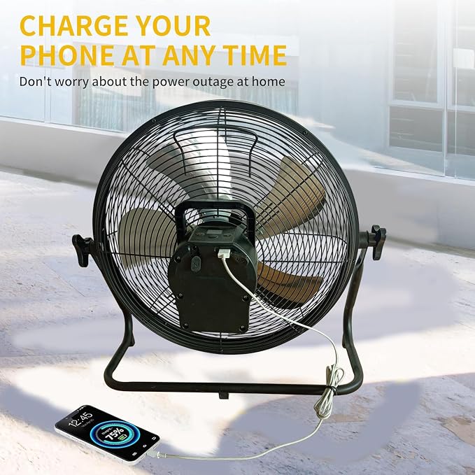 16 Inch Portable Rechargeable Solar Floor/Table Fan, Air Circulation Fan Powered by Two Solar Panels and AC Charger Dual Input for Indoor Household, Picnic Outdoors, Barbecue, Fishing, Travel