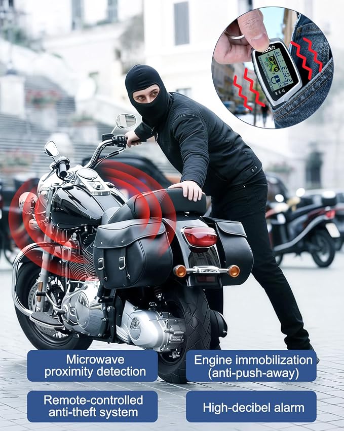 Motorcycle Alarm with 2-Way LCD Remote & Engine Cut Off - 12V DC Anti-Theft Security System, 115dB Siren, Waterproof Sensor, Remote Start for Motorcycle, Scooter, ATV