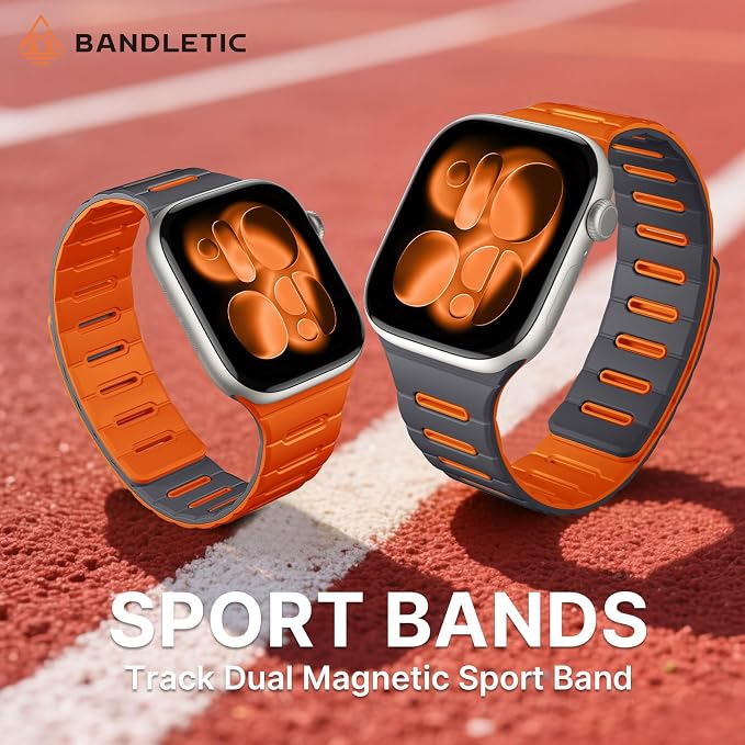 Bandletic Reversible Magnetic Band Compatible with Apple Watch Bands for Women 40mm 41mm 42mm(Series 11 10) 38mm Men, Strong Magnet Sports Strap for iWatch Series 9 8 7 6 5 4 SE 3-1, Space Gray/Orange
