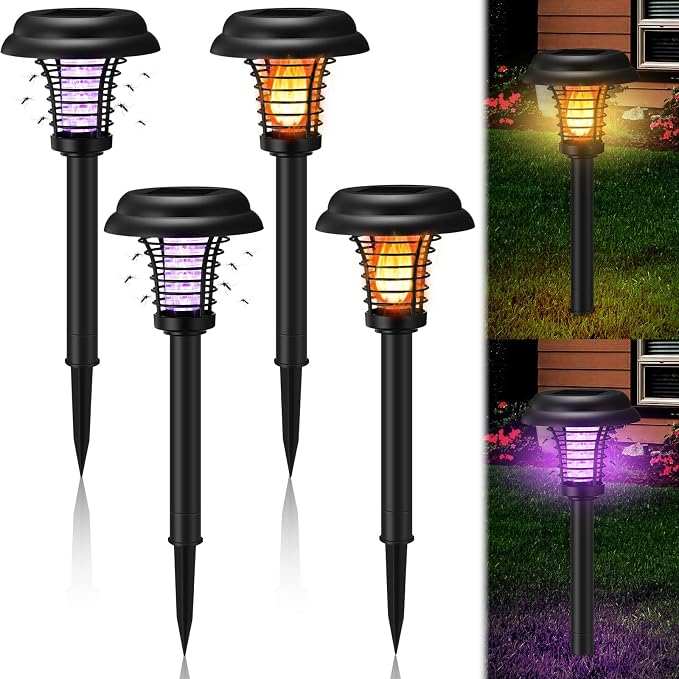 4 Pcs Solar Bug Zapper Outdoor Waterproof Mosquito Repellent Light Solar Power Fly Killer Lamps for Moths, Gnats, Fly, Small Flying Insect Backyard Garden Lawn (Plastic,Purple & Flame Light)