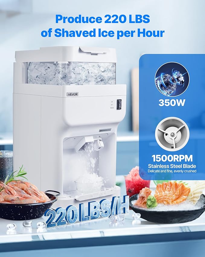 VEVOR Commercial Ice Shaver Crusher, 220lbs Per Hour Electric Snow Cone Maker with 8L Ice Cube Box, 350W 1500RPM Tabletop Shaved Ice Machine for Parties Events Bar, Home and Commercial Use (White)