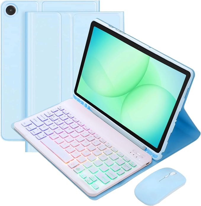 Keyboard Case for Samsung Galaxy Tab A11 Plus 11 Inch 2025/ A9+ Plus 2023 Tablet, Detachable Rainbow Backlit Wireless Keyboard and Mouse, Slim Stand Cover with S Pen Holder (Blue)