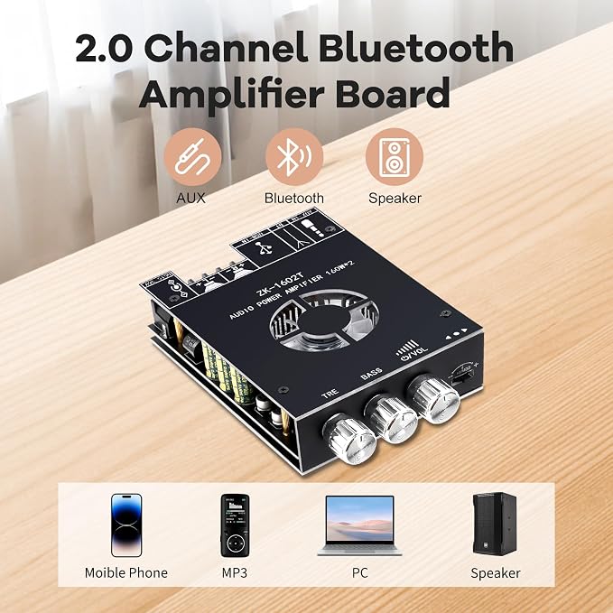 Daakro ZK-1602T Bluetooth Amplifier Board,160W+160W 2.0 Channel Amp Board with Treble and Bass Control,DC 15-36V, Bluetooth and AUX Inputs, Audio Amp Board for Home DIY Wireless Speaker, Password Free