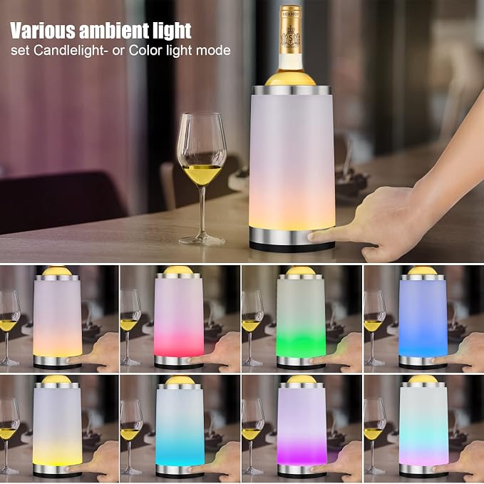 Wine Chiller with RGB Touch Lamp| Wine Bottle Cooler Bucket| Double Walled Insulator with 2 Ice Pack for 750ml Champagne| Perfect Wine Gifts for Women/Men| Wine Accessories for Party/Dinner