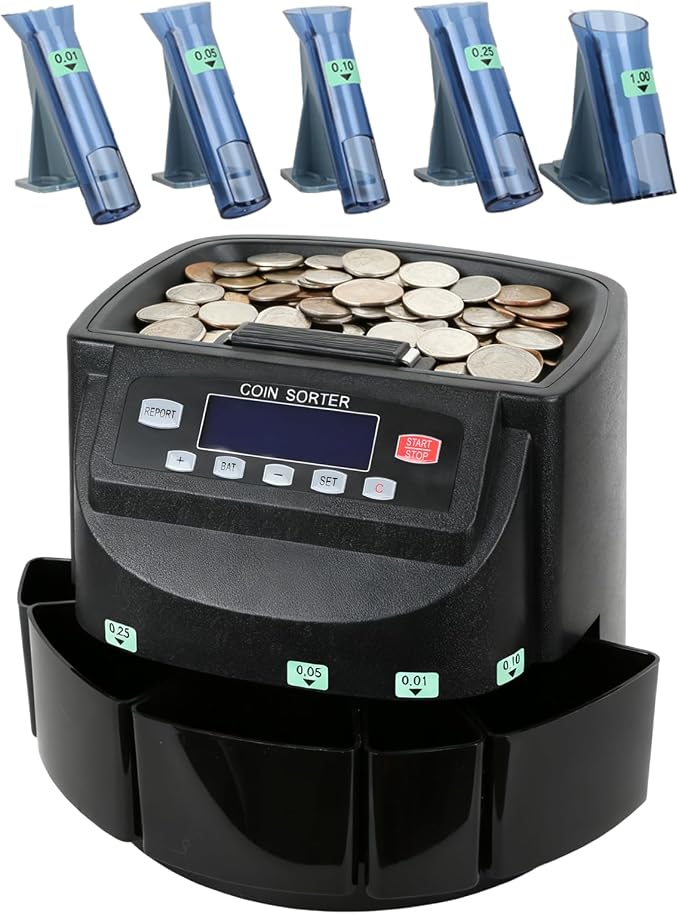 T9500A Professional USD Coin Counter, Sorter, Coin Counting Machine, Automatically Sorts and Counts Coin Batches, 270 Coins/min
