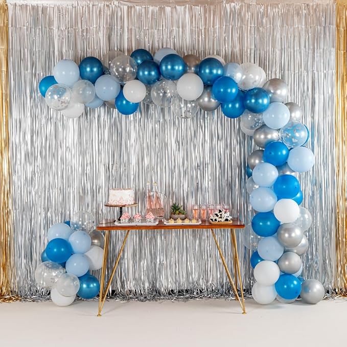 Restaurantware-Balloonify Balloon Garland Set, 1 Party Decoration Kit - 100 Balloons, With Chain, Blue, Silver, & White Latex Balloon Arch Kit, Includes Glue Dots, Ribbon & Knot