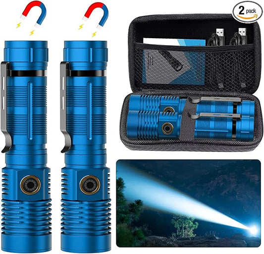 Hoxida Small Tactical Flashlights High Lumens - 1500 Meters Long Beam Super Bright LED Magnetic Flashlight USB Rechargeable Zoomable 5Modes Long Beam Spotlight Flashlight for Hiking, Camping-Blue