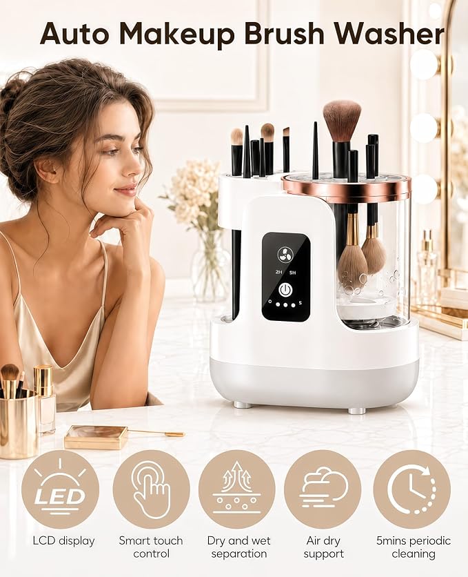 Electric Makeup Brush Cleaner Machine, 3-in-1 Cleaner Dryer and Storage, One-Touch USB Washer with 2H or 5H Drying Modes for Most Cosmetic Brushes