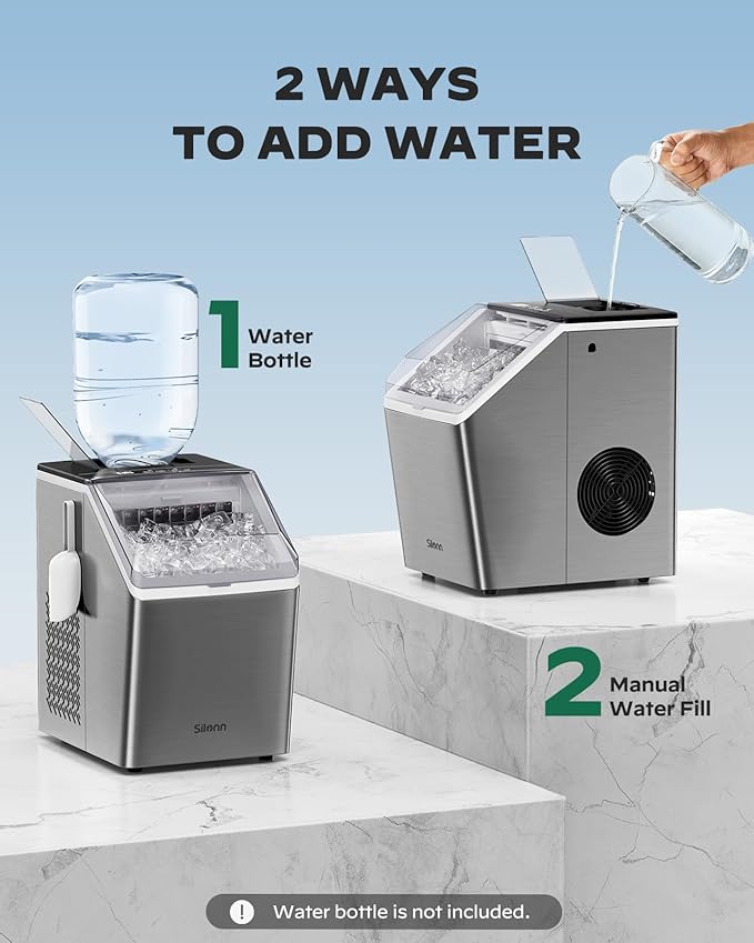 Silonn Stainless Steel Countertop Ice Maker, 44Lbs/Day High Efficiency, 2 Ways to Add Water, One-Click Auto Self-Cleaning, Portable Ice Machine Ideal for Home, Office, Bar & Party